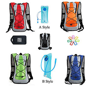 The hydration backpack set is come with the backpack and luggage tag. The backpack is make of polyester, and the tag is make of plastic. The logo is imprint on the tag. The price also include the 2L water bag.